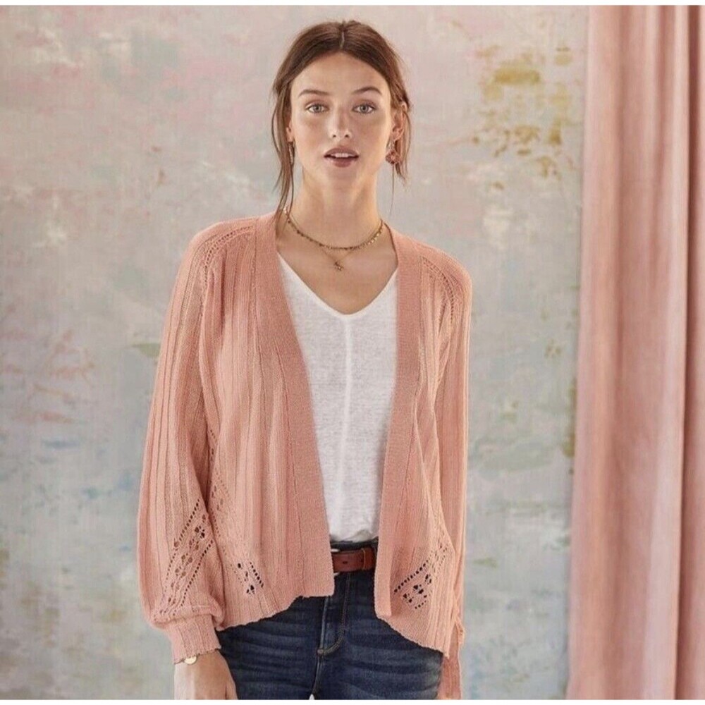 Sundance Women's Coral Pink Linen Blend Pointelle Angel Wing Cardigan PM